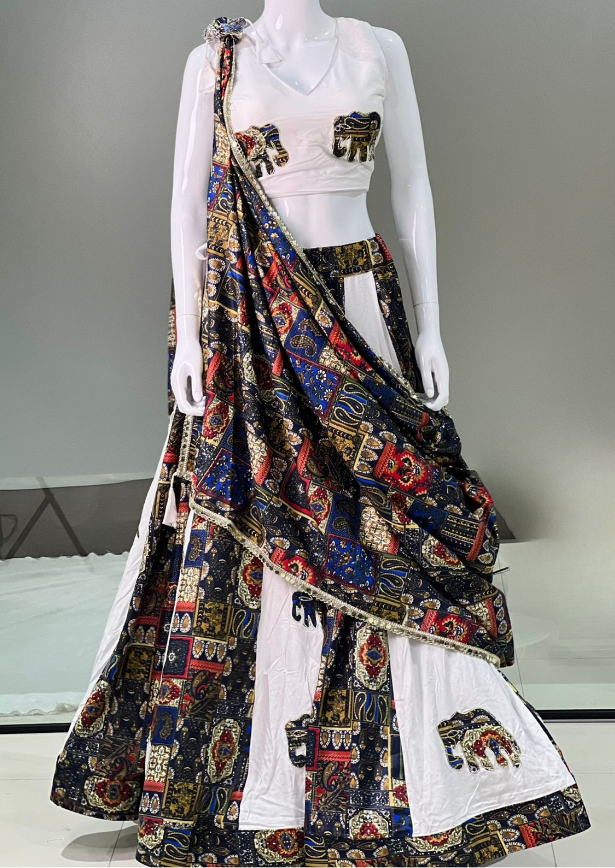 Royal Contrast Elephant Applique Pure Reyon Lehenga Set