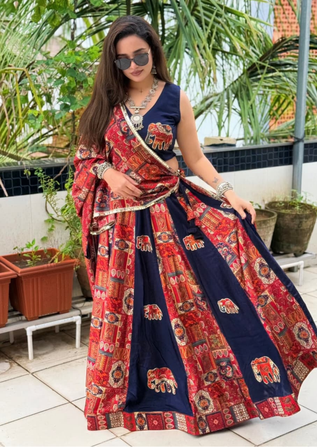 Deep Blue Elephant Applique Pure Reyon Lehenga Set