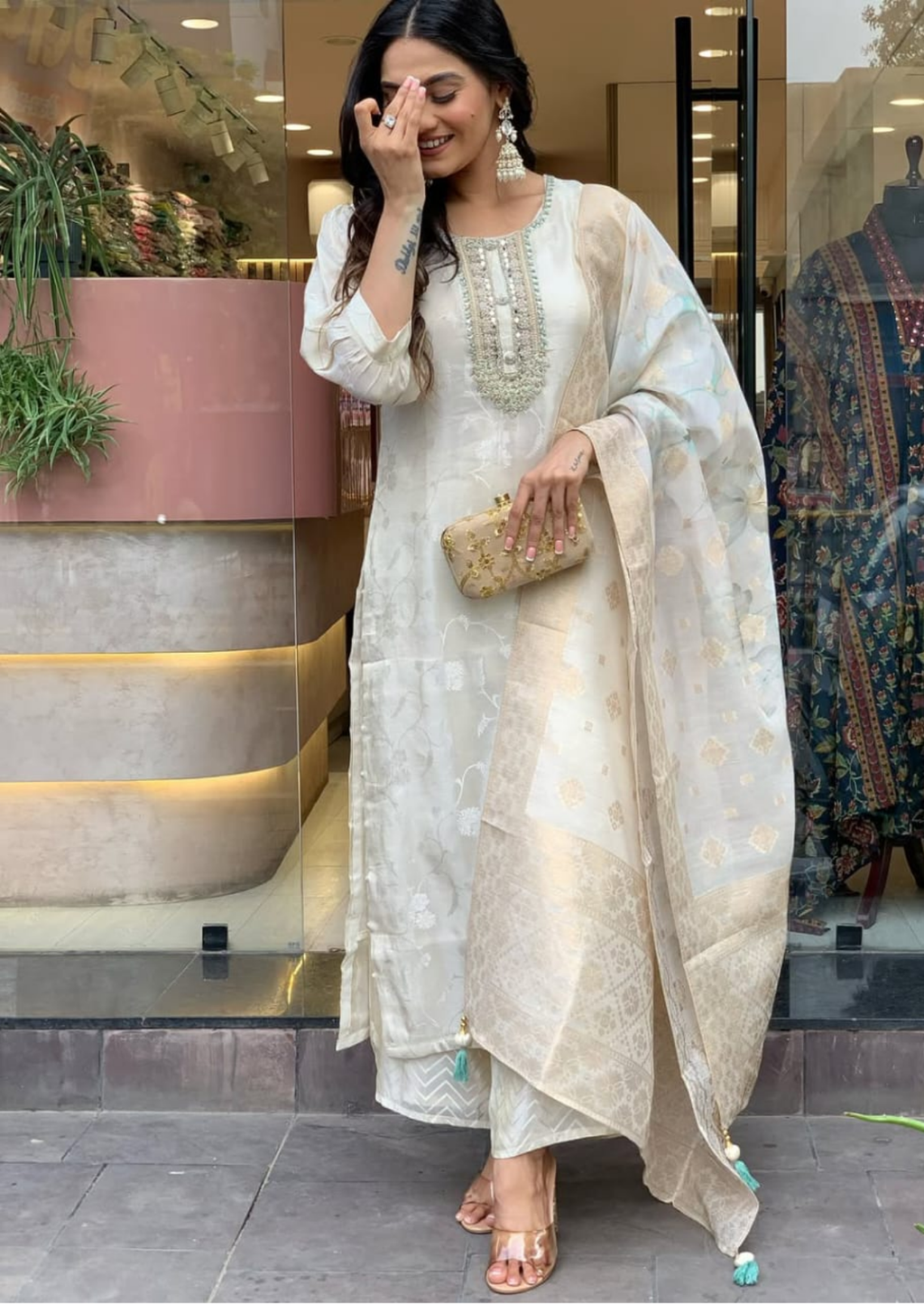 Luxe Russian Silk Jacquard Suit Set with Zari Dupatta