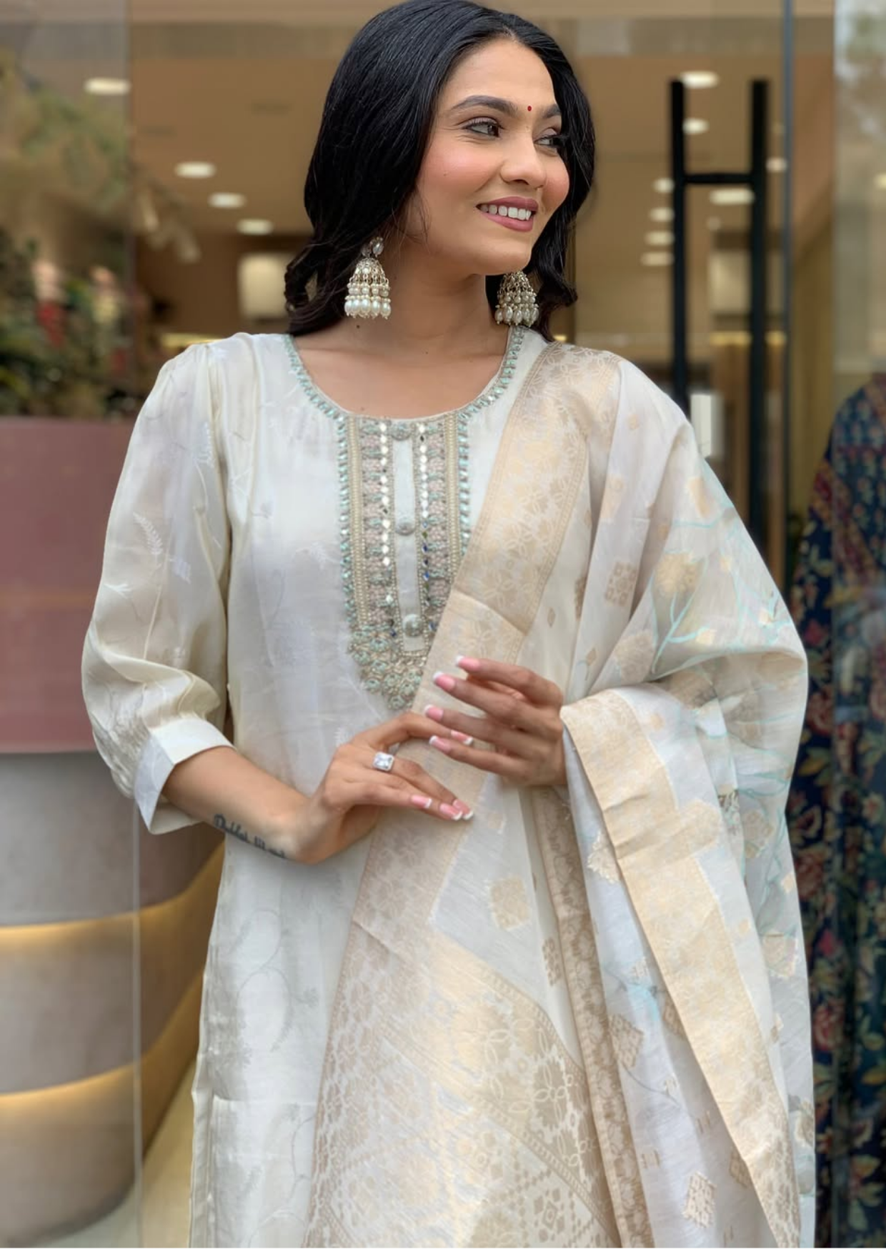 Luxe Russian Silk Jacquard Suit Set with Zari Dupatta