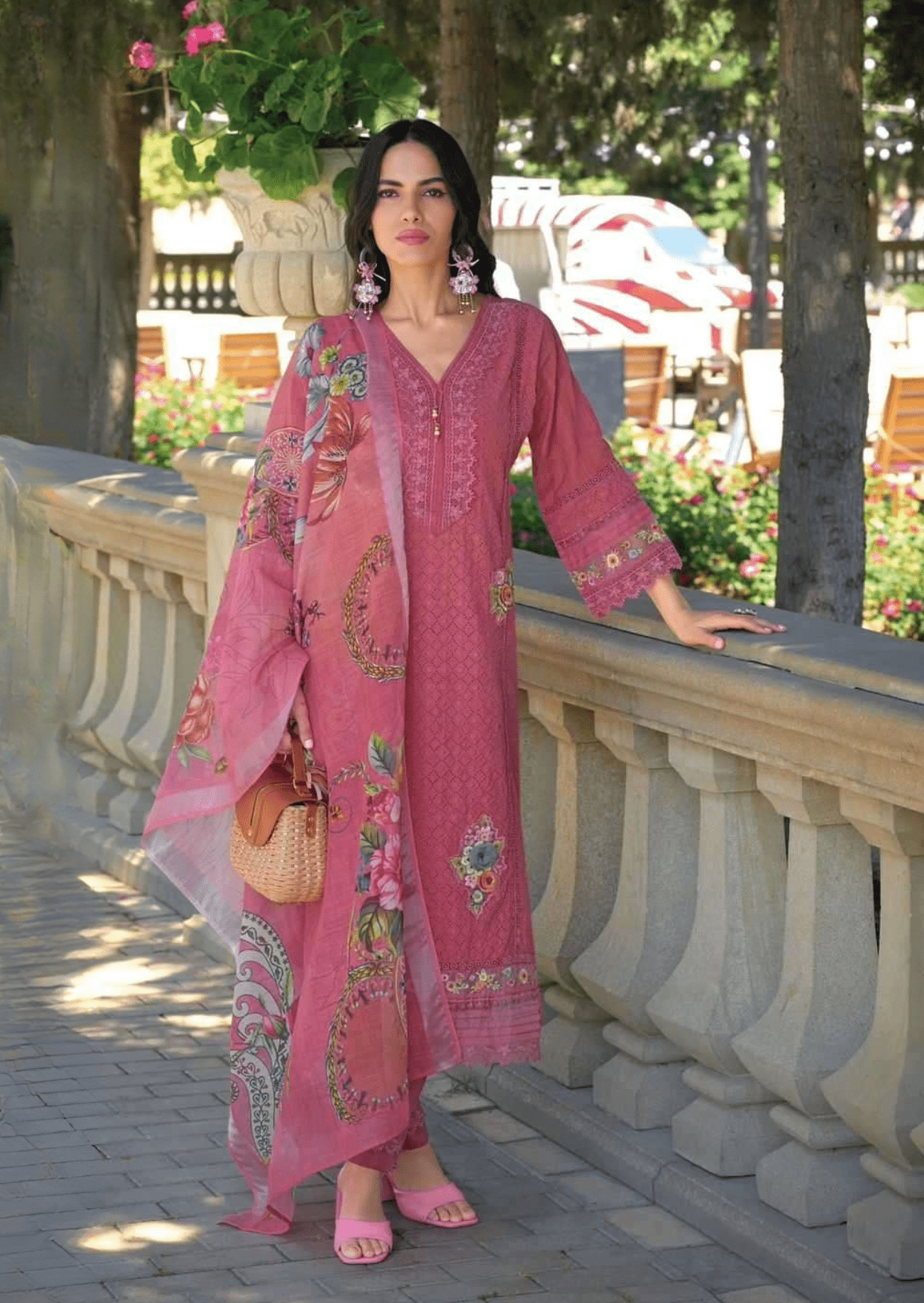 Gulbahar Rouge Pink Floral Embroidered Cotton Suit Set