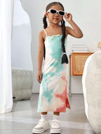 Minty Swirl Pastel Tie-Dye Spaghetti Midi Dress