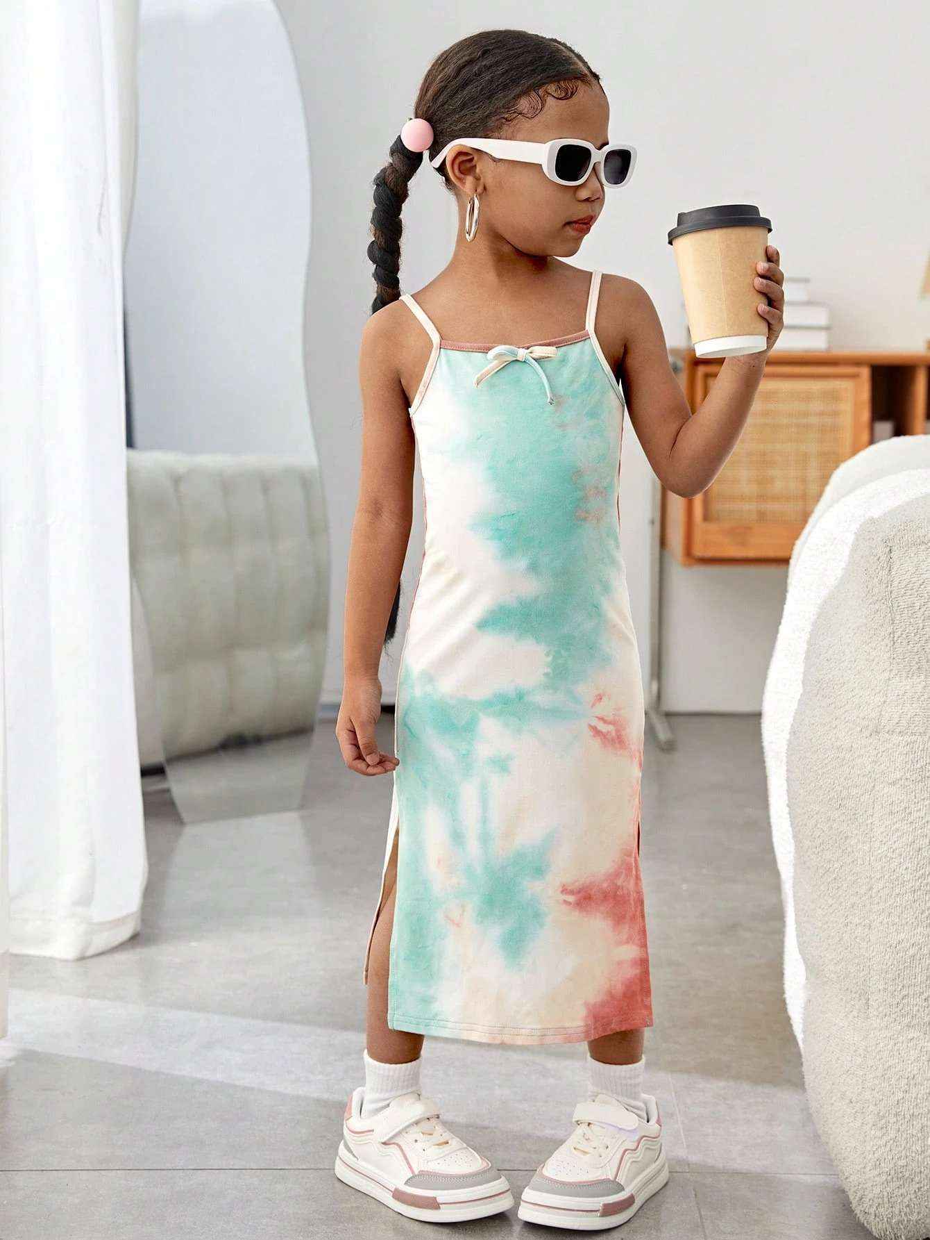 Minty Swirl Pastel Tie-Dye Spaghetti Midi Dress