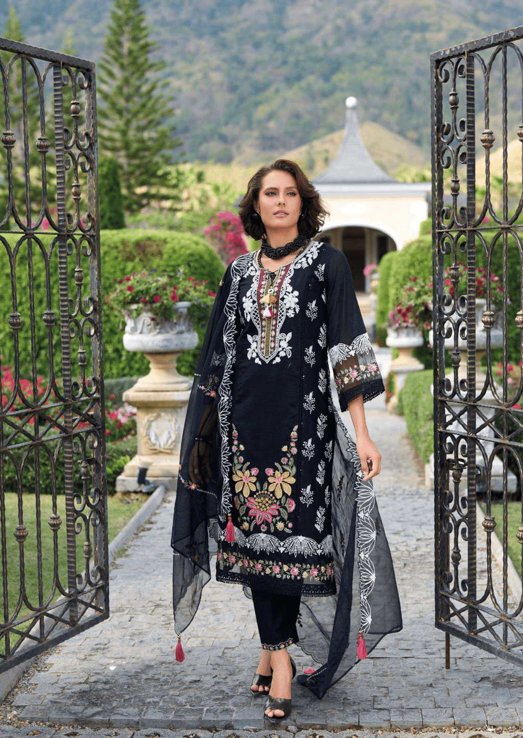 Zahra Noir Luxe Cotton Embroidered Suit Set
